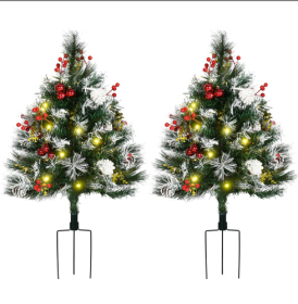HOMCOM 2.5 Ft 30 2 Pack Outdoor Entryway Pre-Lit Artificial Christmas Tree Cordless With 70 Branches, Warm White LED Lights, Red Berries, Pine Co (Color: Green)