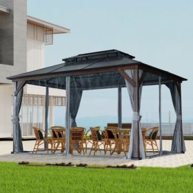 10' X 13' Hardtop Wood Gazebo For Patios, Outdoor Framed Gazebo With Polycarbonate Double Roof Canopy, Solid Wooden Framed Gazebo With Privacy Cu (Option: BlackBrown)